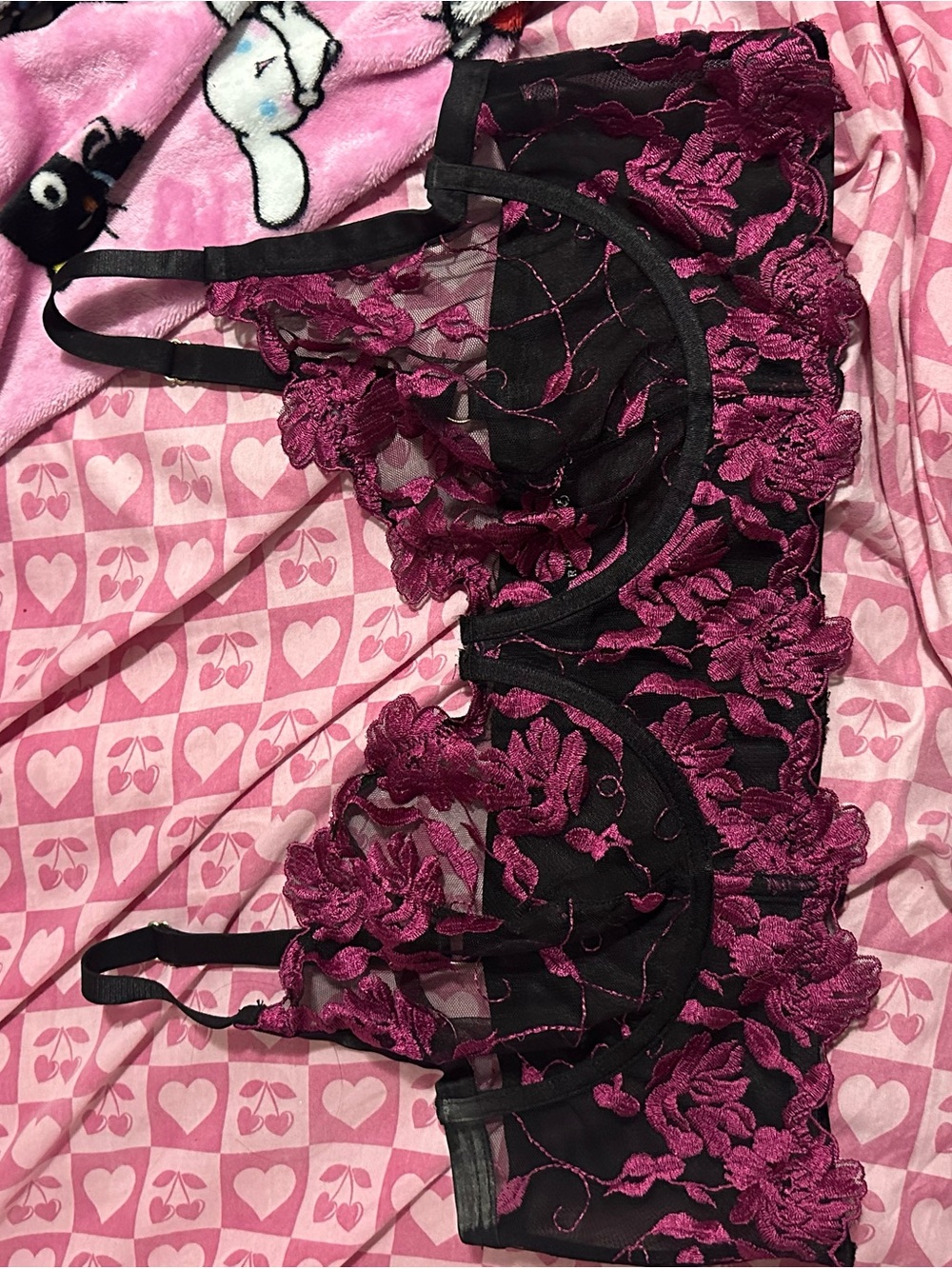 Floral Embroidered Balconette Bralette - Black & Magenta